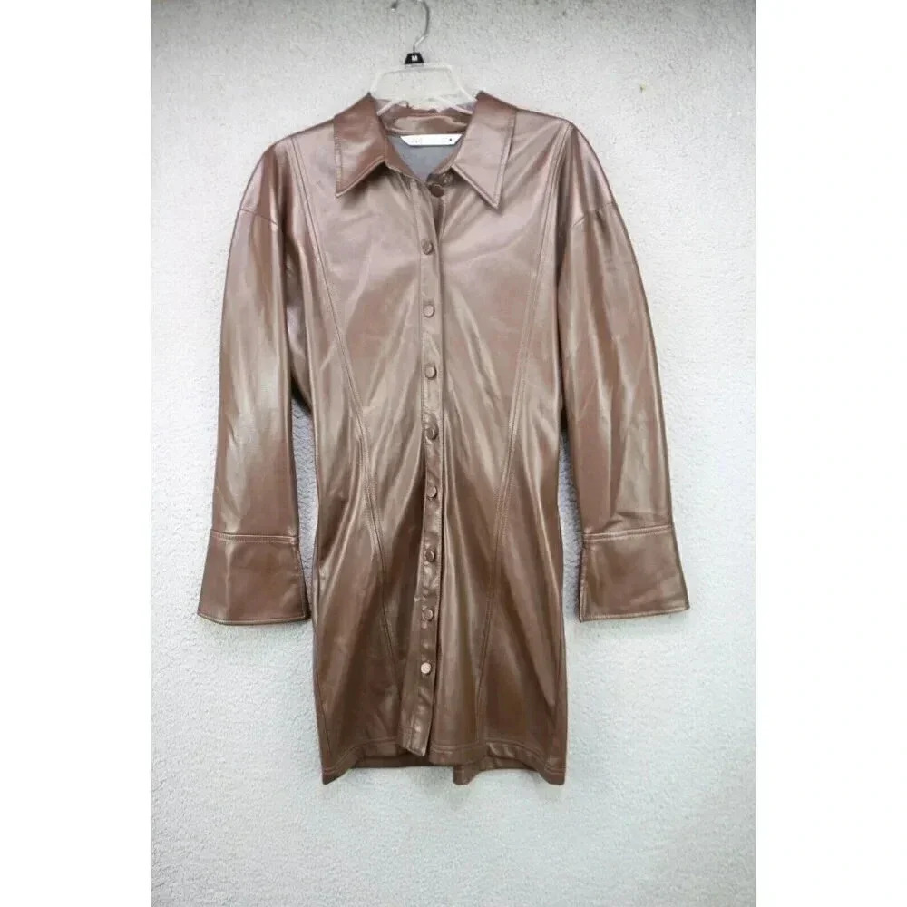 Zara Chocolate Brown Short Faux Leather Shirt Dress-Size Large